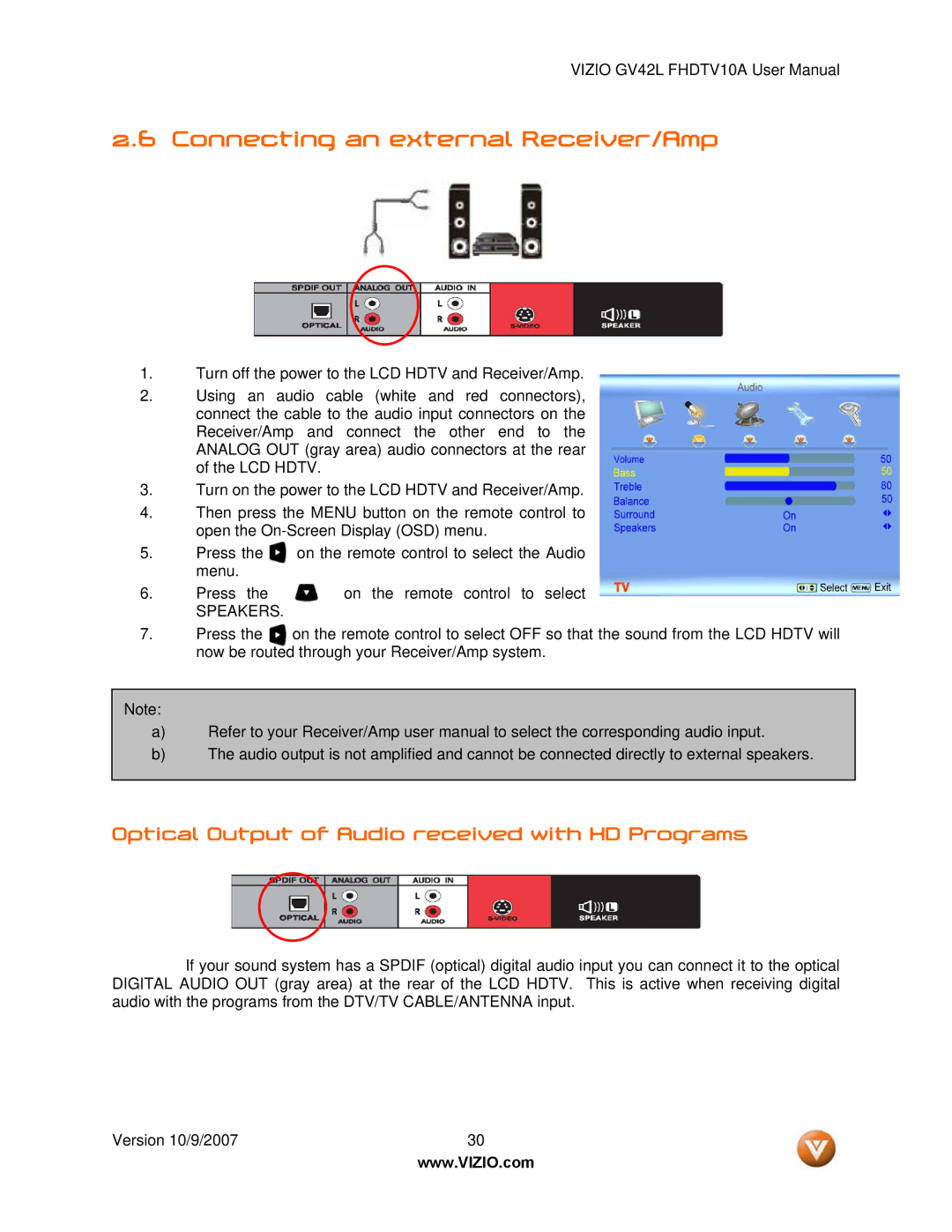 Vizio GV42L FHDTV10A manual Connecting an external Receiver/Amp, Optical Output of Audio received with HD Programs 