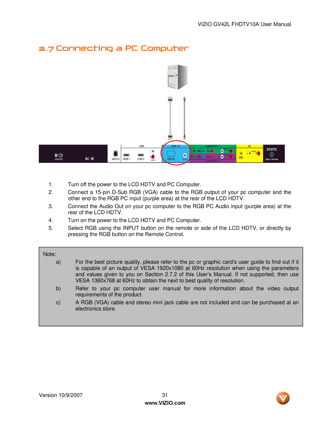 Vizio GV42L FHDTV10A manual Connecting a PC Computer 