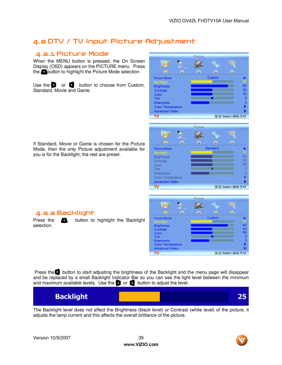 Vizio GV42L FHDTV10A manual DTV / TV Input Picture Adjustment, Picture Mode, Backlight 