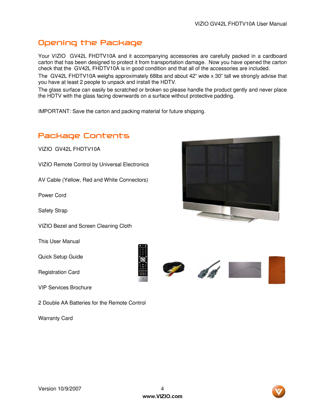 Vizio GV42L FHDTV10A manual Opening the Package, Package Contents 