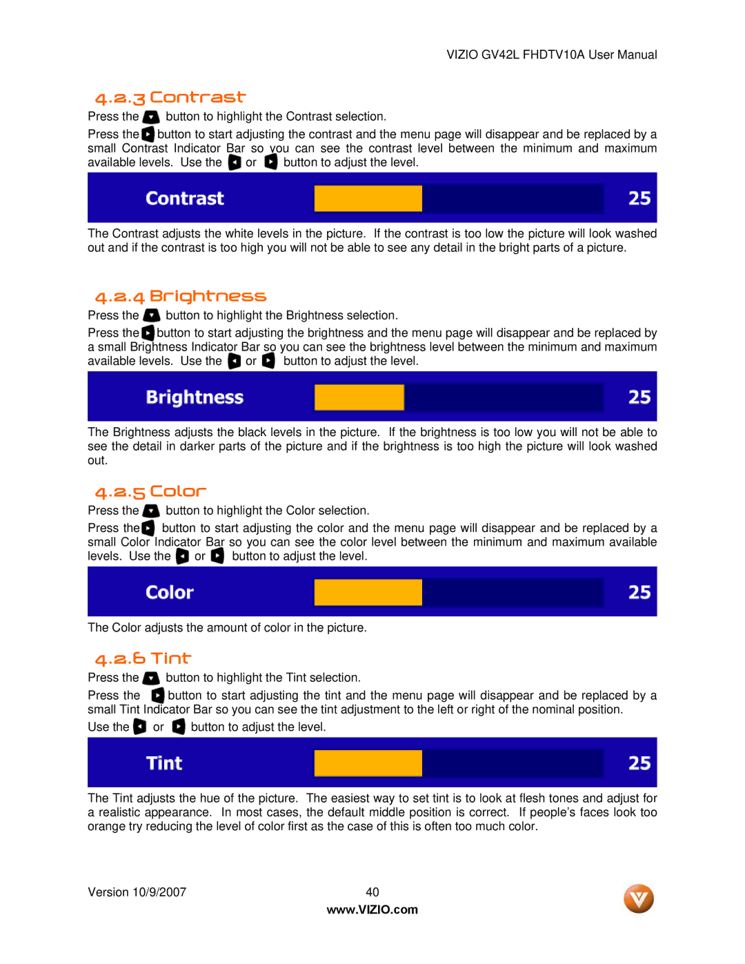 Vizio GV42L FHDTV10A manual Contrast, Brightness, Color, Tint 