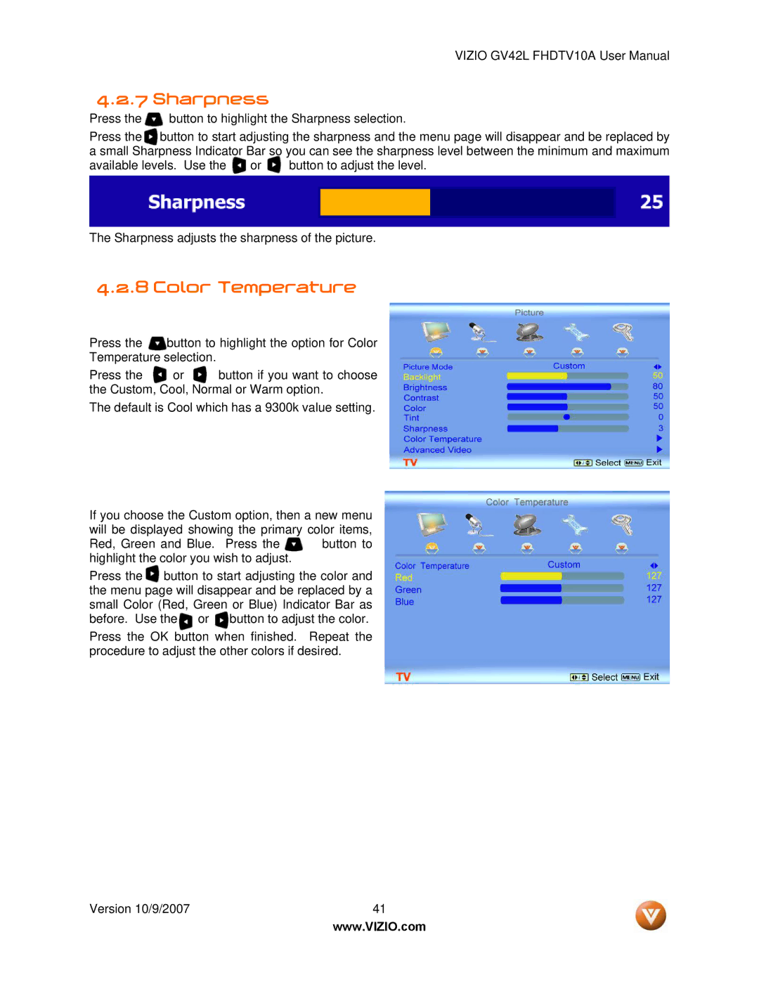 Vizio GV42L FHDTV10A manual Sharpness, Color Temperature 