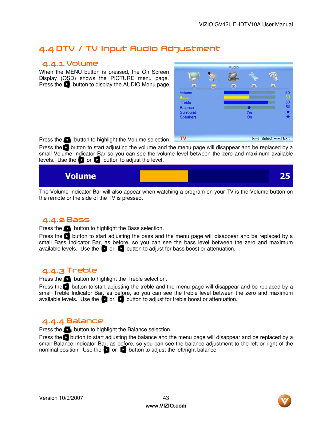 Vizio GV42L FHDTV10A manual DTV / TV Input Audio Adjustment, Volume, Bass, Treble, Balance 