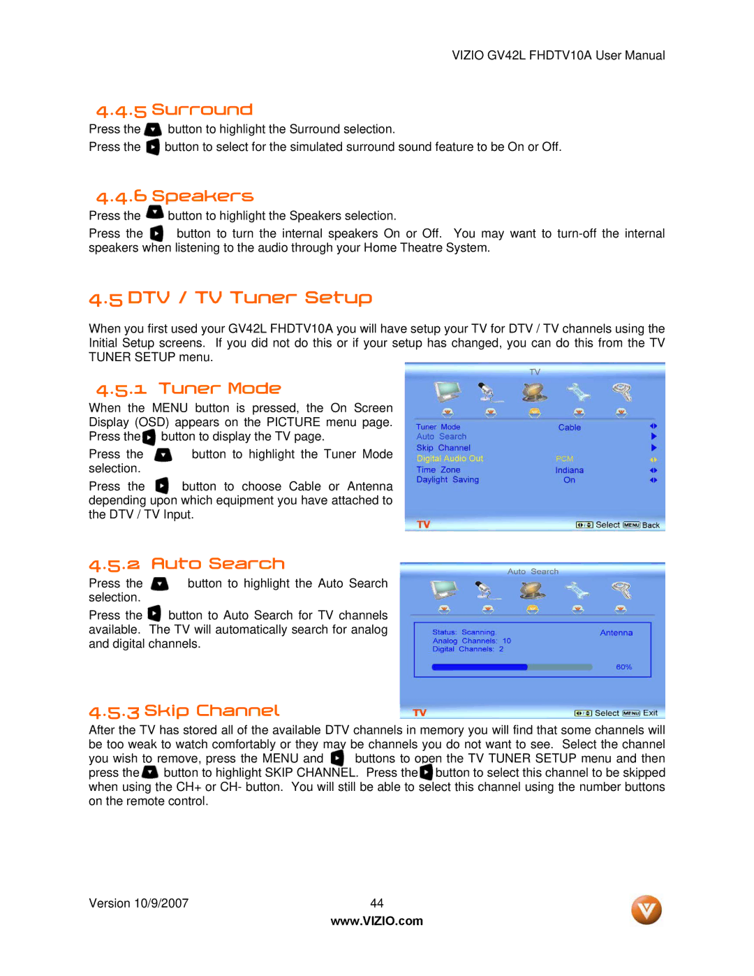 Vizio GV42L FHDTV10A manual DTV / TV Tuner Setup 