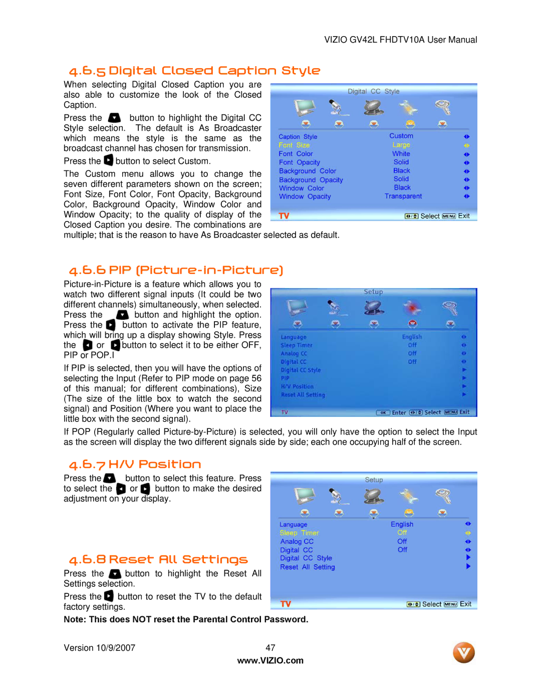 Vizio GV42L FHDTV10A manual Digital Closed Caption Style, PIP Picture-in-Picture, 7 H/V Position, Reset All Settings 
