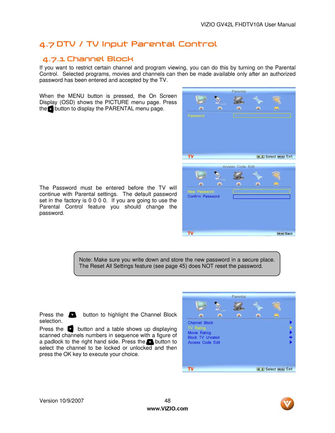 Vizio GV42L FHDTV10A manual DTV / TV Input Parental Control, Channel Block 