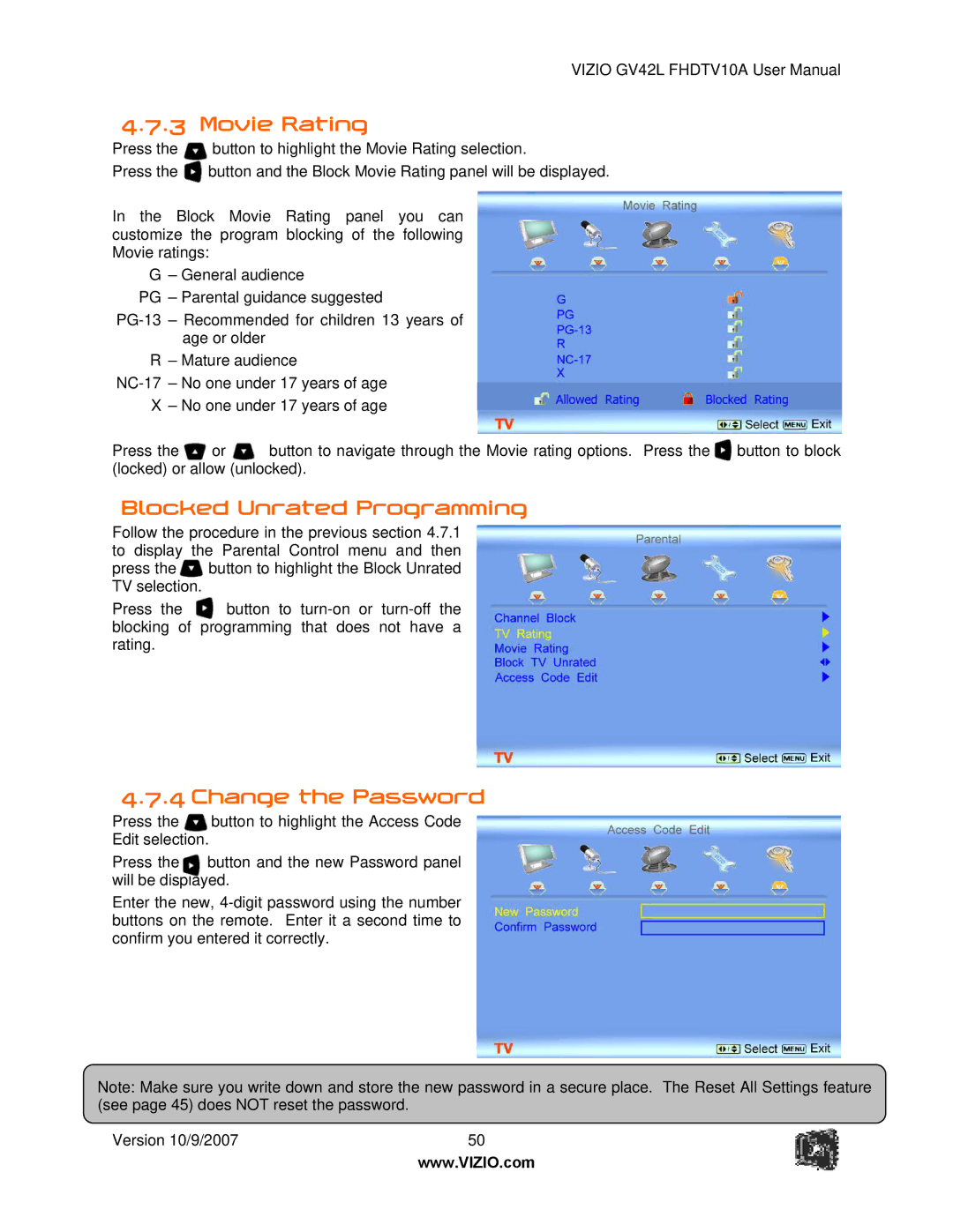 Vizio GV42L FHDTV10A manual Movie Rating, Blocked Unrated Programming, Change the Password 