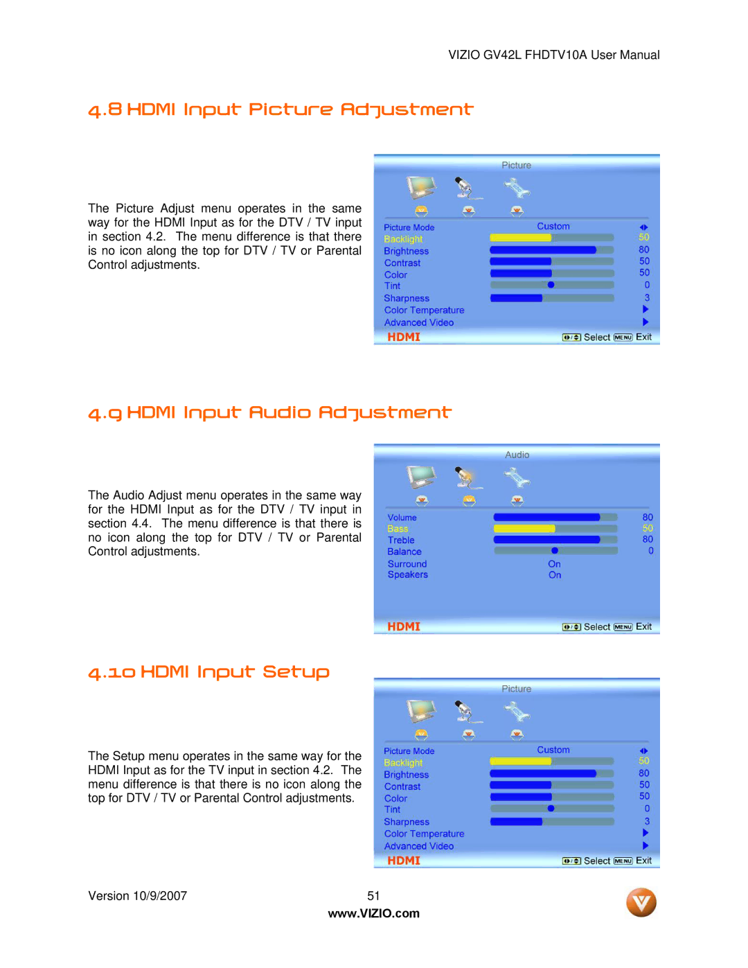 Vizio GV42L FHDTV10A manual Hdmi Input Picture Adjustment, Hdmi Input Audio Adjustment, Hdmi Input Setup 