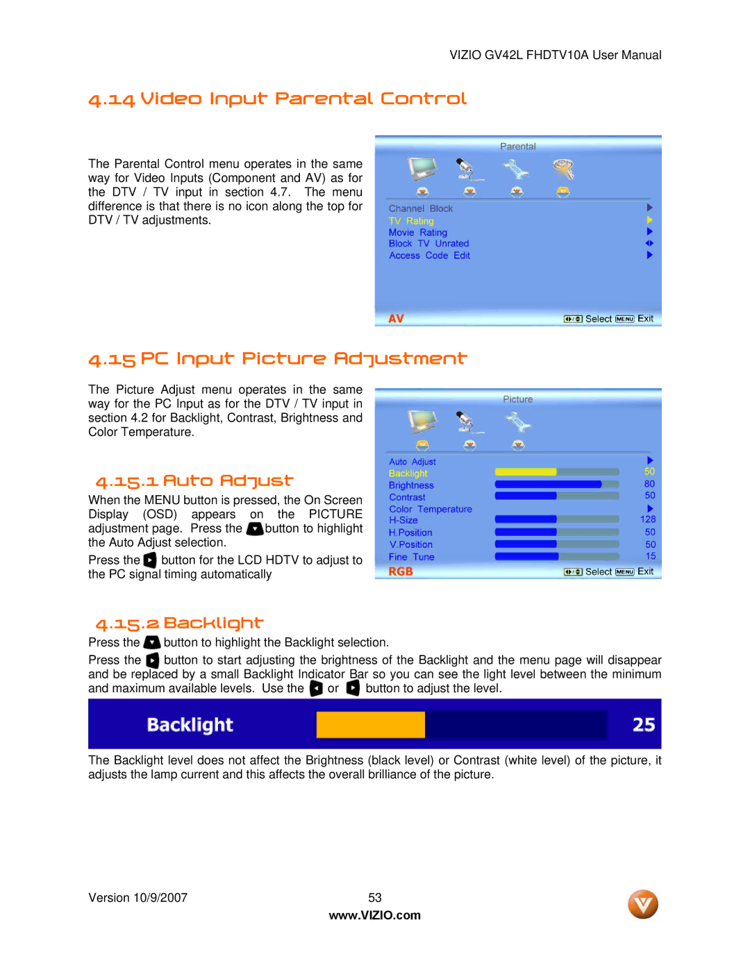 Vizio GV42L FHDTV10A manual Video Input Parental Control, PC Input Picture Adjustment, Auto Adjust 