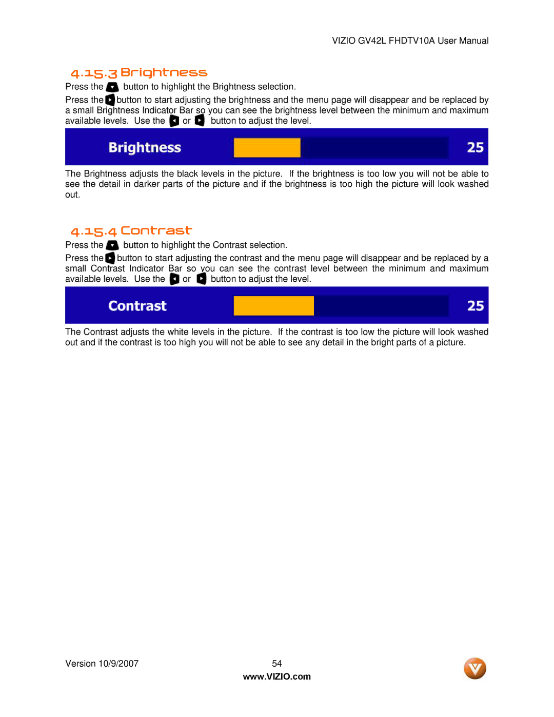 Vizio GV42L FHDTV10A manual Brightness 
