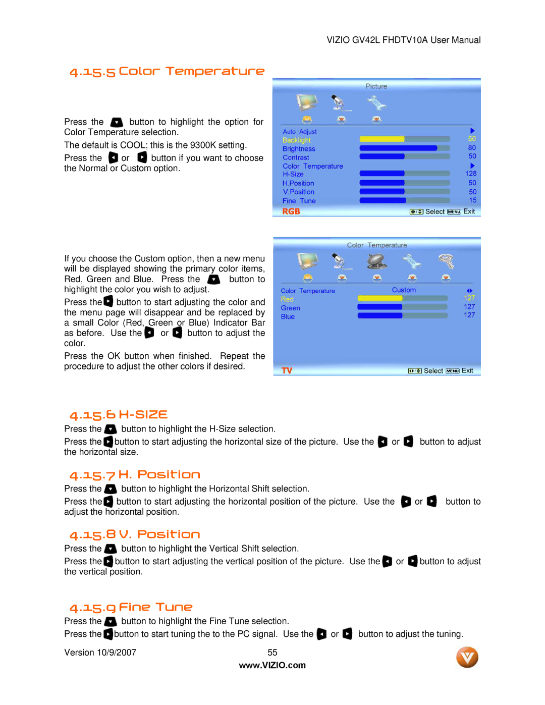 Vizio GV42L FHDTV10A manual Size, 15.7 H. Position, 15.8 V. Position, Fine Tune 
