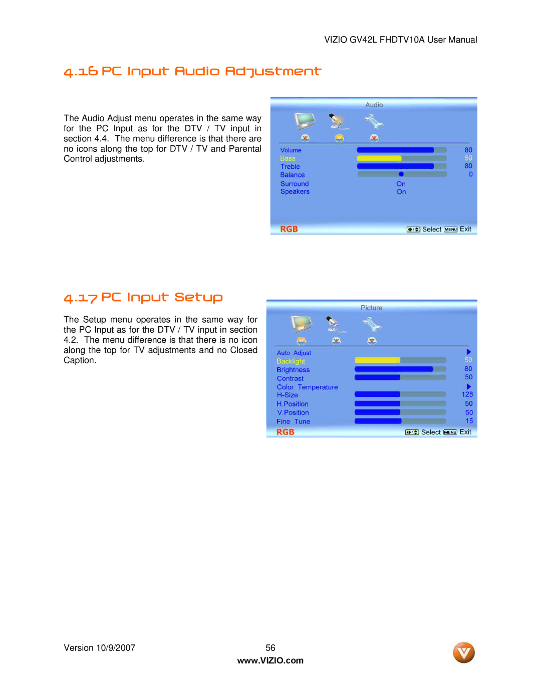 Vizio GV42L FHDTV10A manual PC Input Audio Adjustment, PC Input Setup 