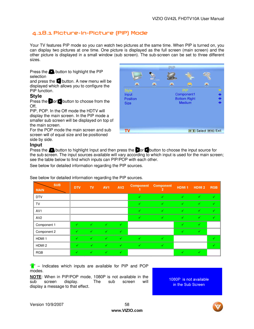 Vizio GV42L FHDTV10A manual Picture-In-Picture PIP Mode, Style 