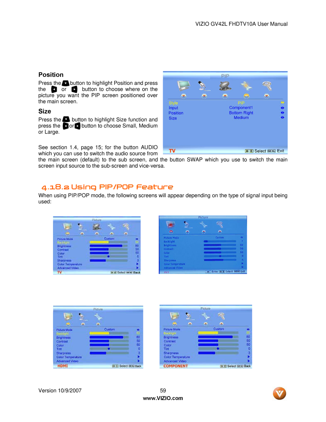 Vizio GV42L FHDTV10A manual Using PIP/POP Feature, Position 