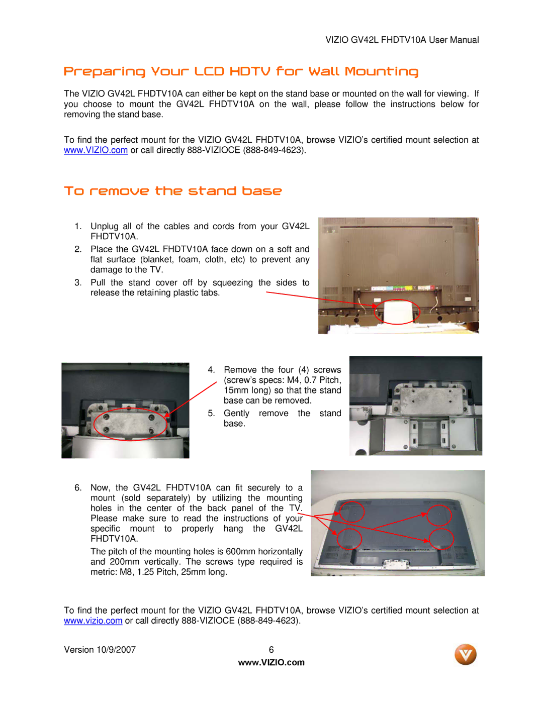 Vizio GV42L FHDTV10A manual Preparing Your LCD Hdtv for Wall Mounting, To remove the stand base 