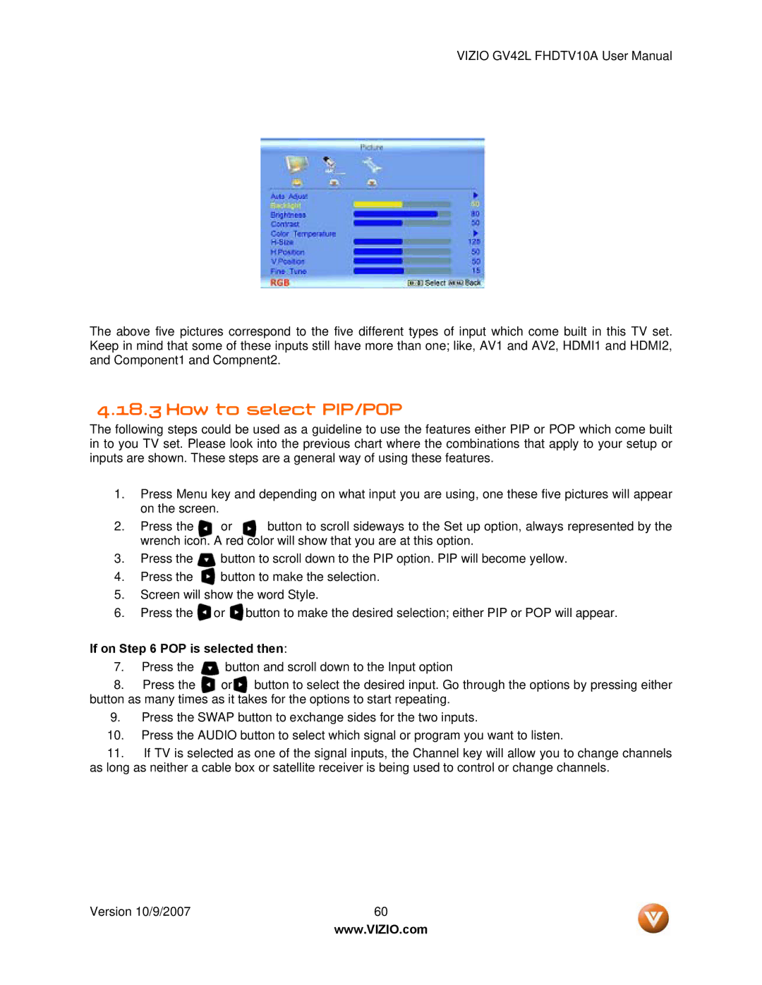 Vizio GV42L FHDTV10A manual How to select PIP/POP, If on POP is selected then 