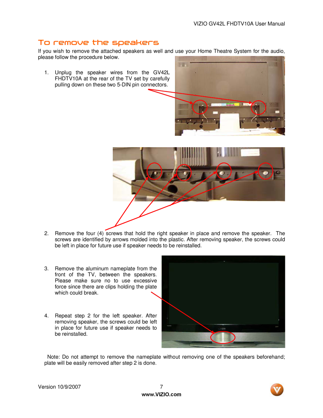 Vizio GV42L FHDTV10A manual To remove the speakers 