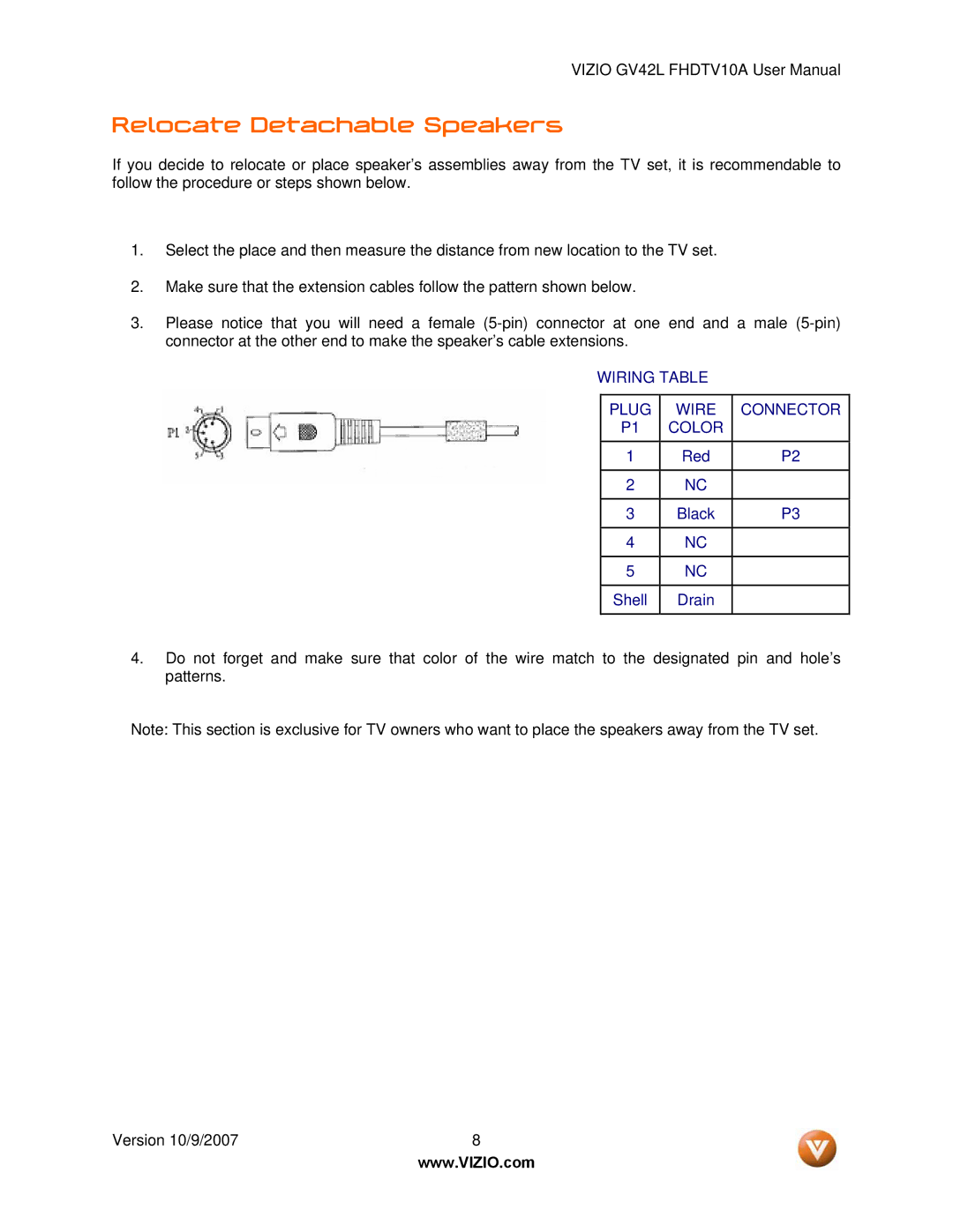 Vizio GV42L FHDTV10A manual Relocate Detachable Speakers, Wiring Table Plug Wire Connector Color 