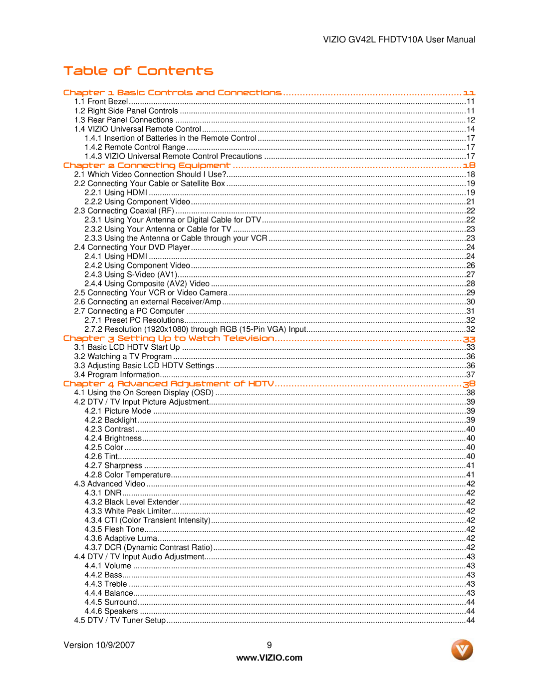 Vizio GV42L FHDTV10A manual Table of Contents 