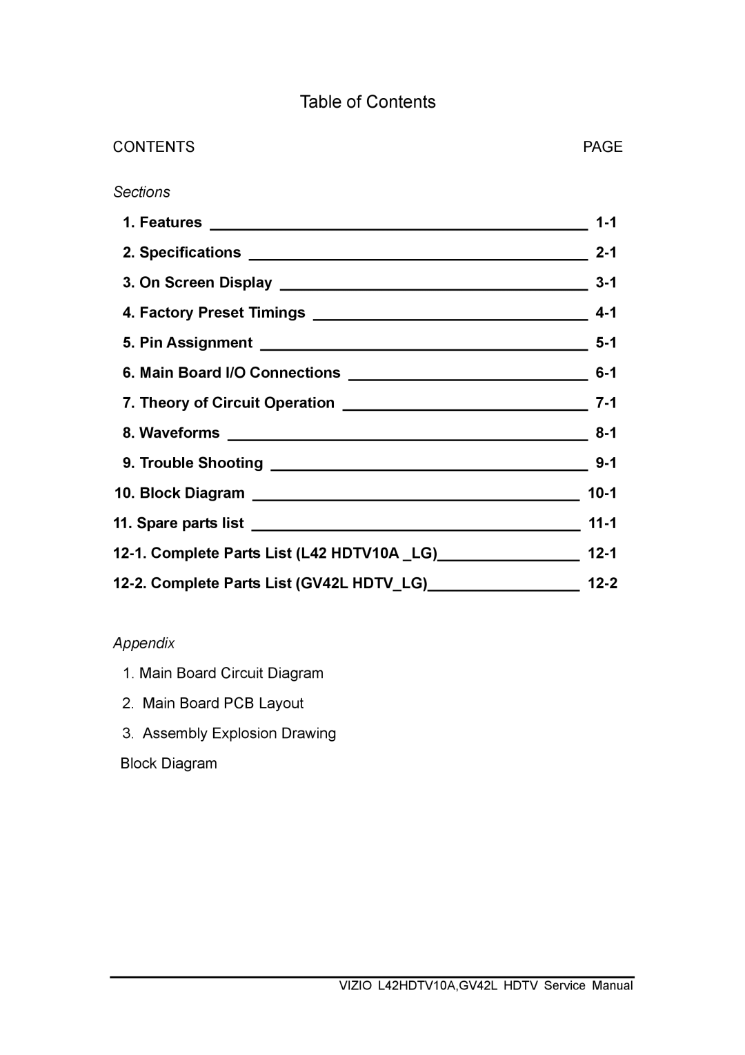 Vizio GV42L HDTV, L42HDTV10A service manual Table of Contents 