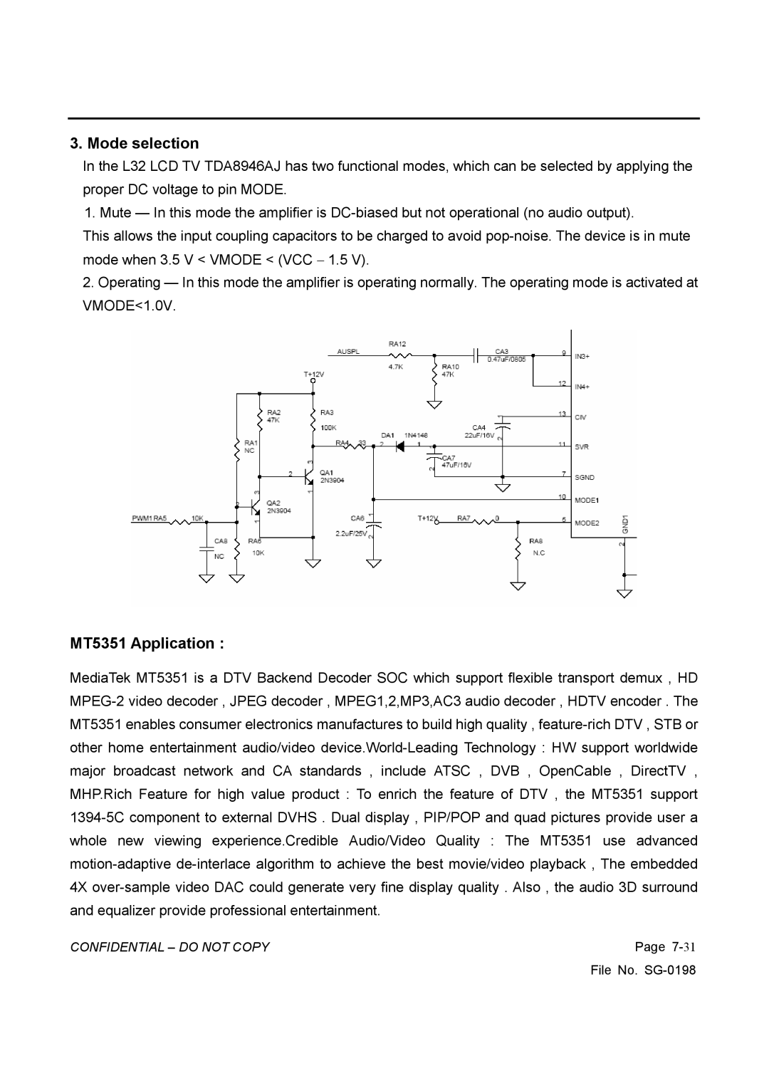 Vizio GV42L HDTV, L42HDTV10A service manual Mode selection, MT5351 Application 