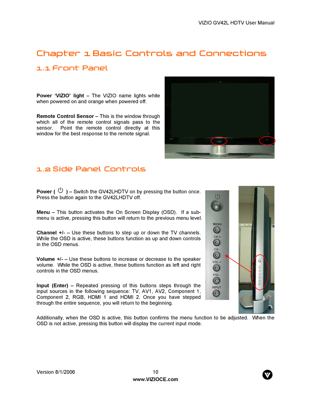 Vizio GV42L user manual Front Panel, Side Panel Controls 