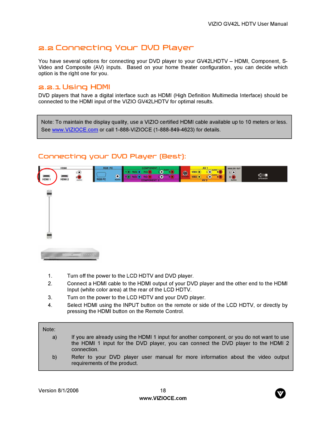 Vizio GV42L user manual Connecting Your DVD Player, Using Hdmi, Connecting your DVD Player Best 