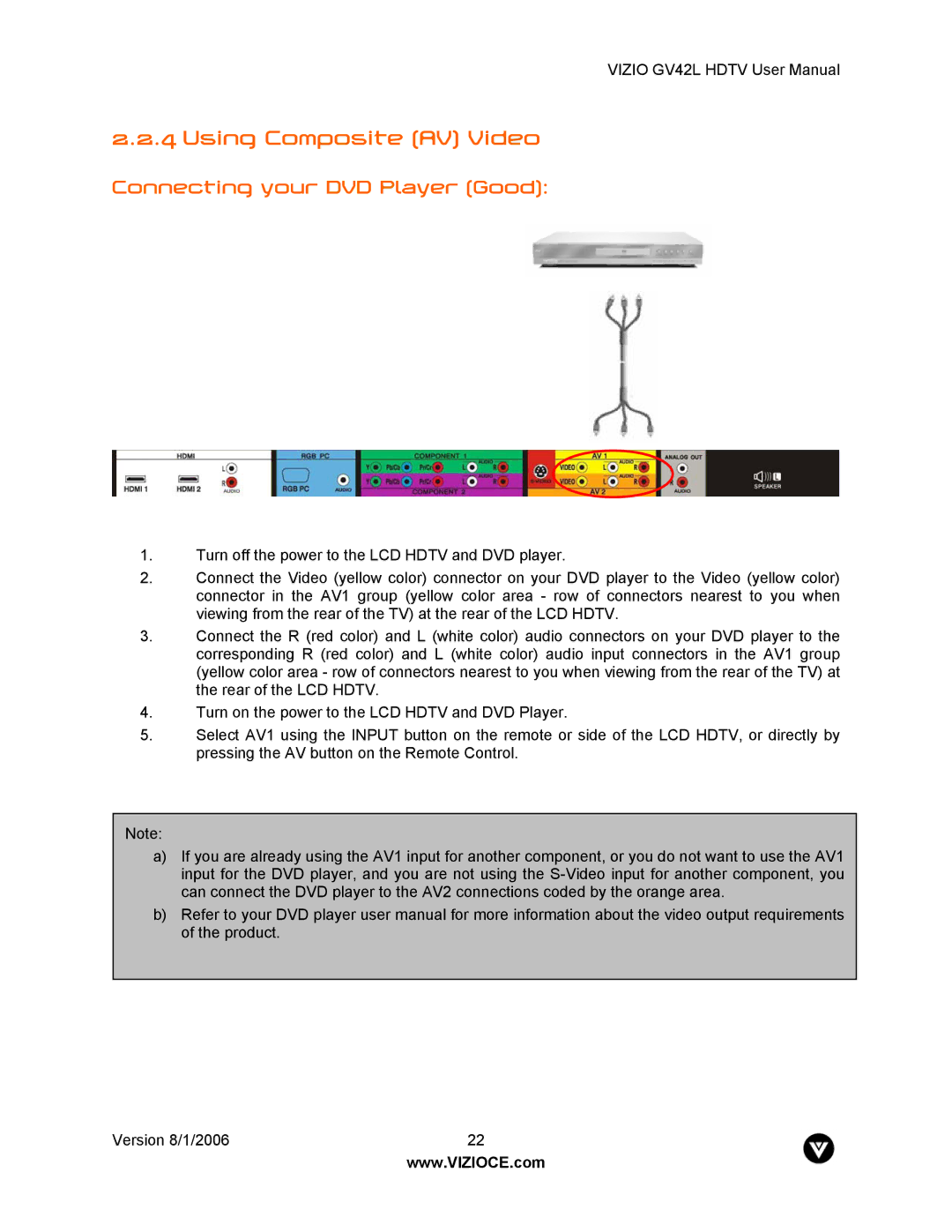 Vizio GV42L user manual Using Composite AV Video 