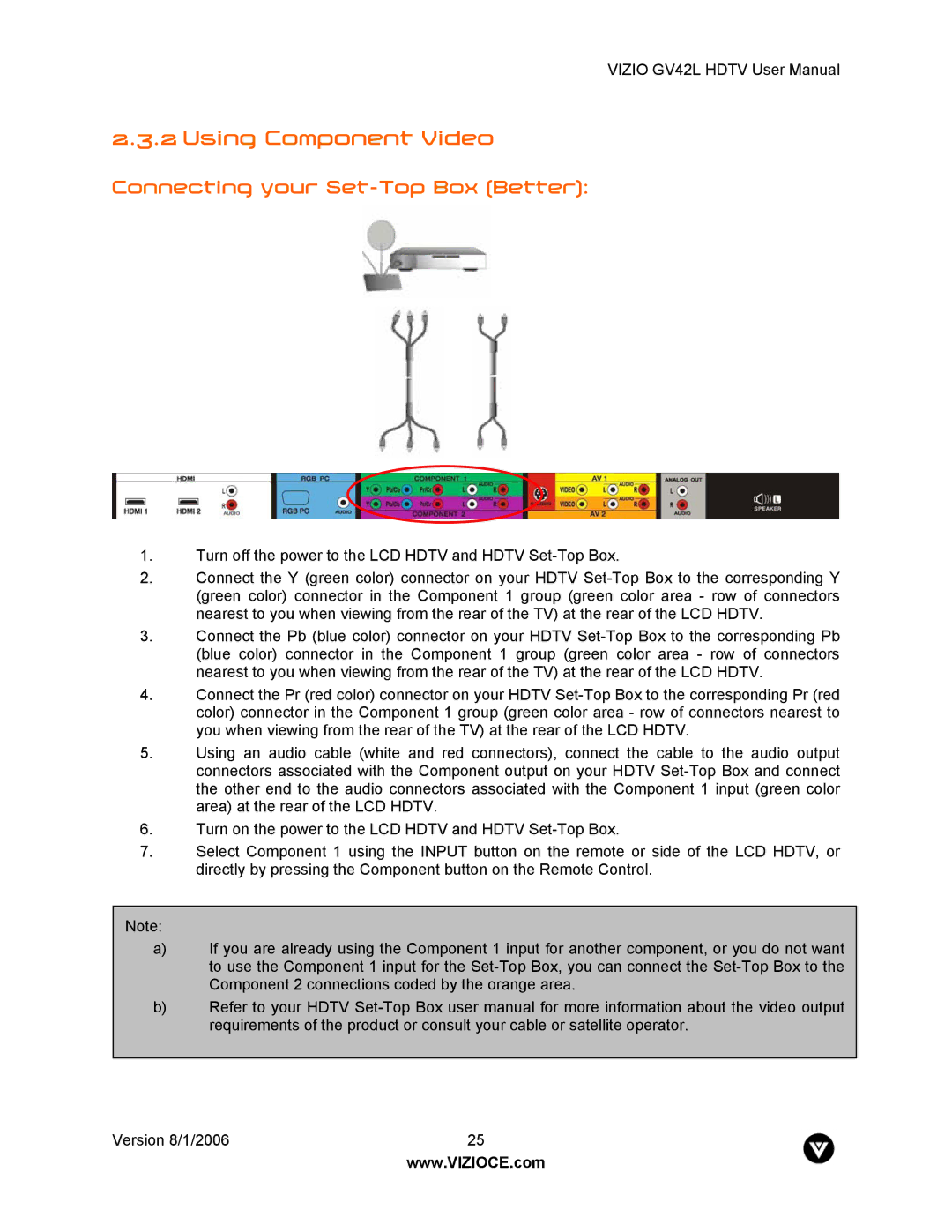 Vizio GV42L user manual Using Component Video, Connecting your Set-Top Box Better 