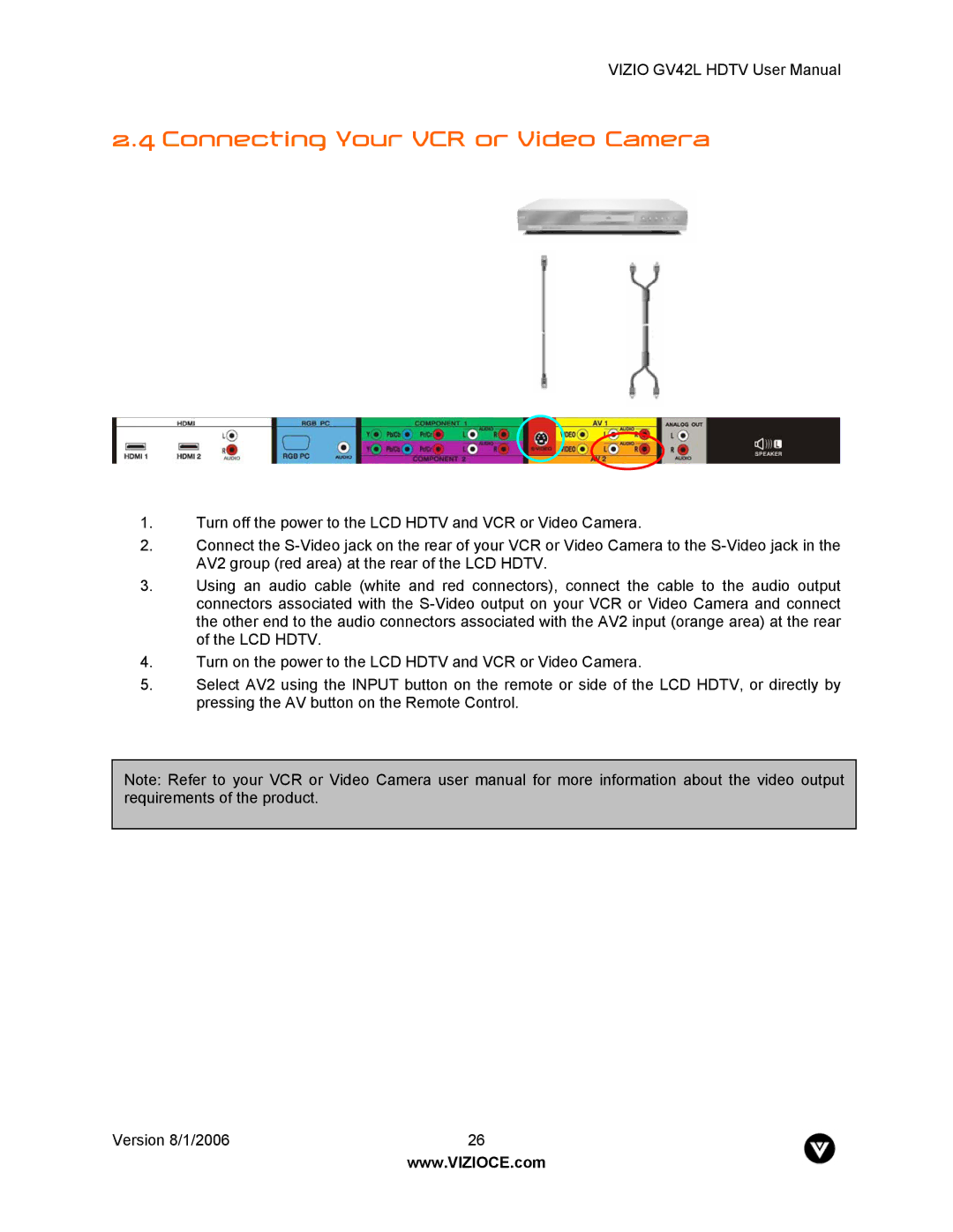 Vizio GV42L user manual Connecting Your VCR or Video Camera 