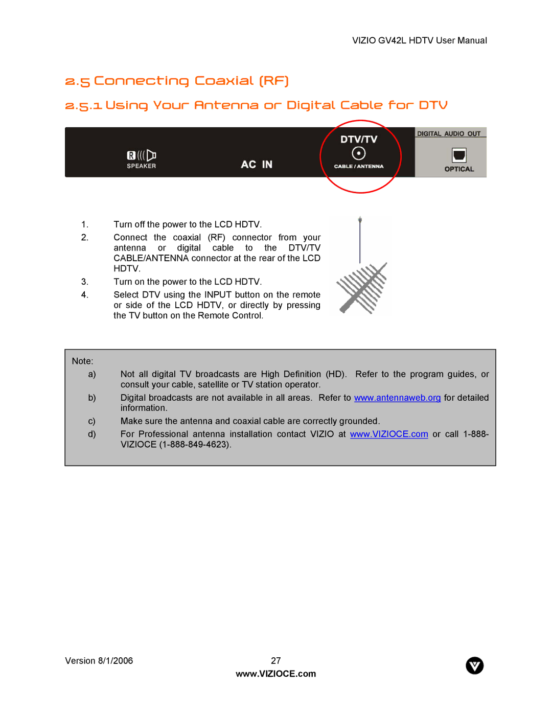 Vizio GV42L user manual Connecting Coaxial RF, Using Your Antenna or Digital Cable for DTV 