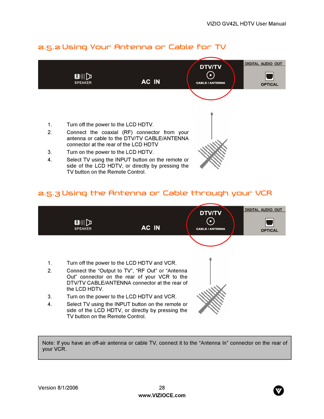 Vizio GV42L user manual Using Your Antenna or Cable for TV, Using the Antenna or Cable through your VCR 