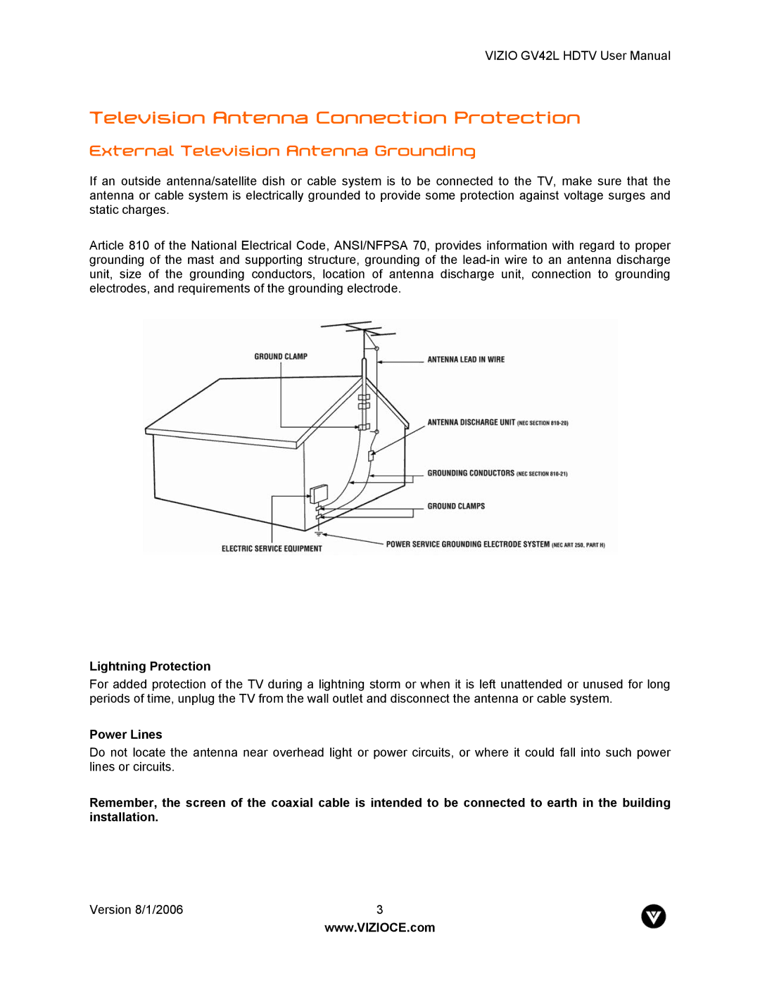 Vizio GV42L Television Antenna Connection Protection, External Television Antenna Grounding, Lightning Protection 