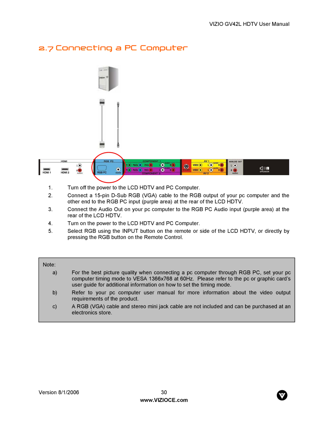 Vizio GV42L user manual Connecting a PC Computer 