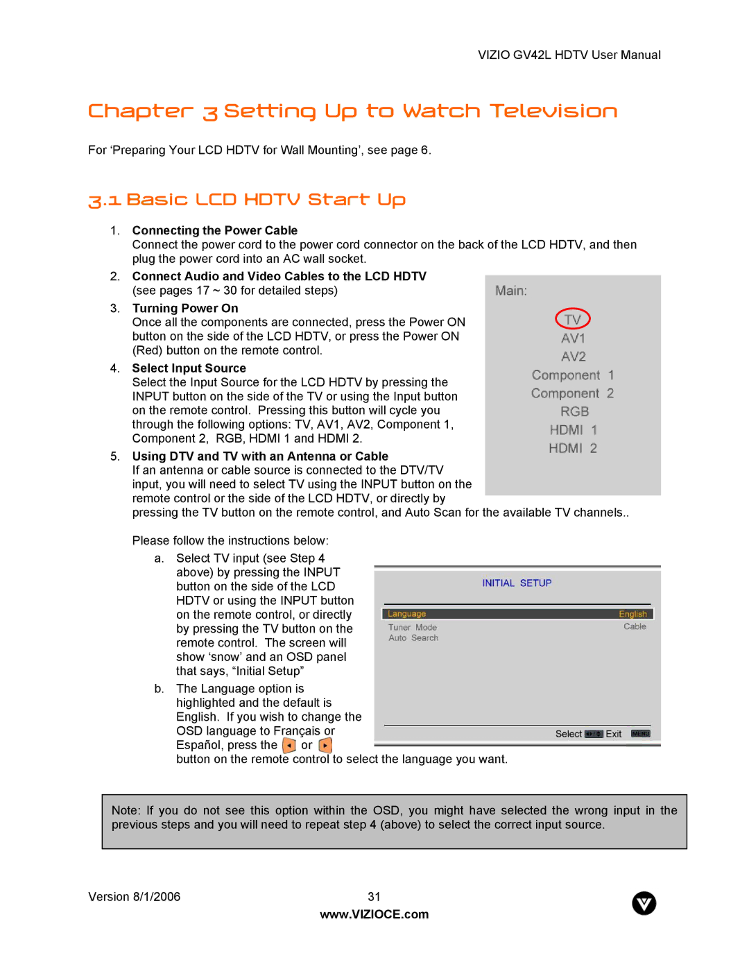 Vizio GV42L user manual Basic LCD Hdtv Start Up, Connecting the Power Cable, Select Input Source 