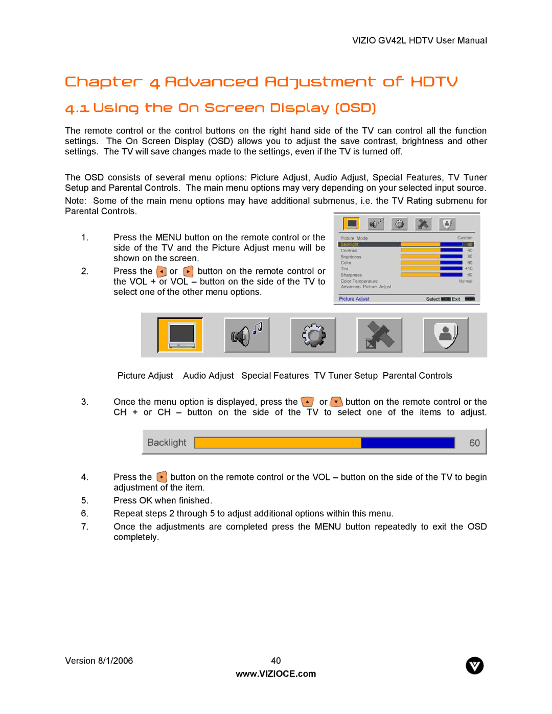 Vizio GV42L user manual Advanced Adjustment of Hdtv, Using the On Screen Display OSD 