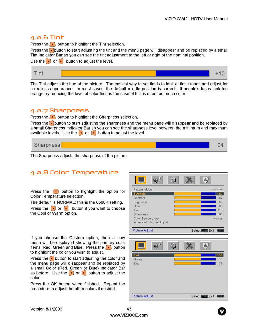 Vizio GV42L user manual Tint, Sharpness, Color Temperature 