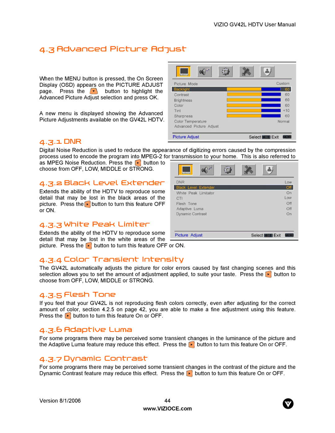 Vizio GV42L user manual Advanced Picture Adjust 