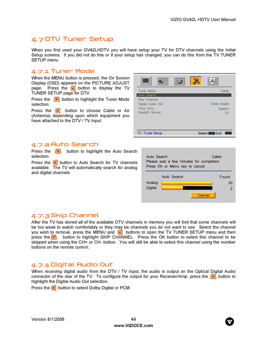 Vizio GV42L user manual DTV Tuner Setup, Digital Audio Out 