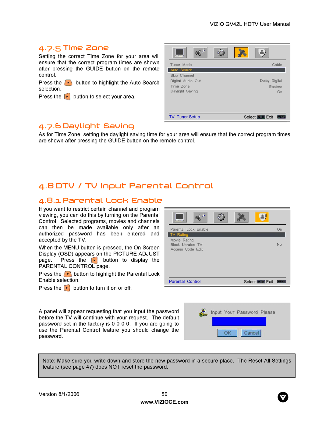 Vizio GV42L user manual DTV / TV Input Parental Control, Time Zone, Daylight Saving, Parental Lock Enable 