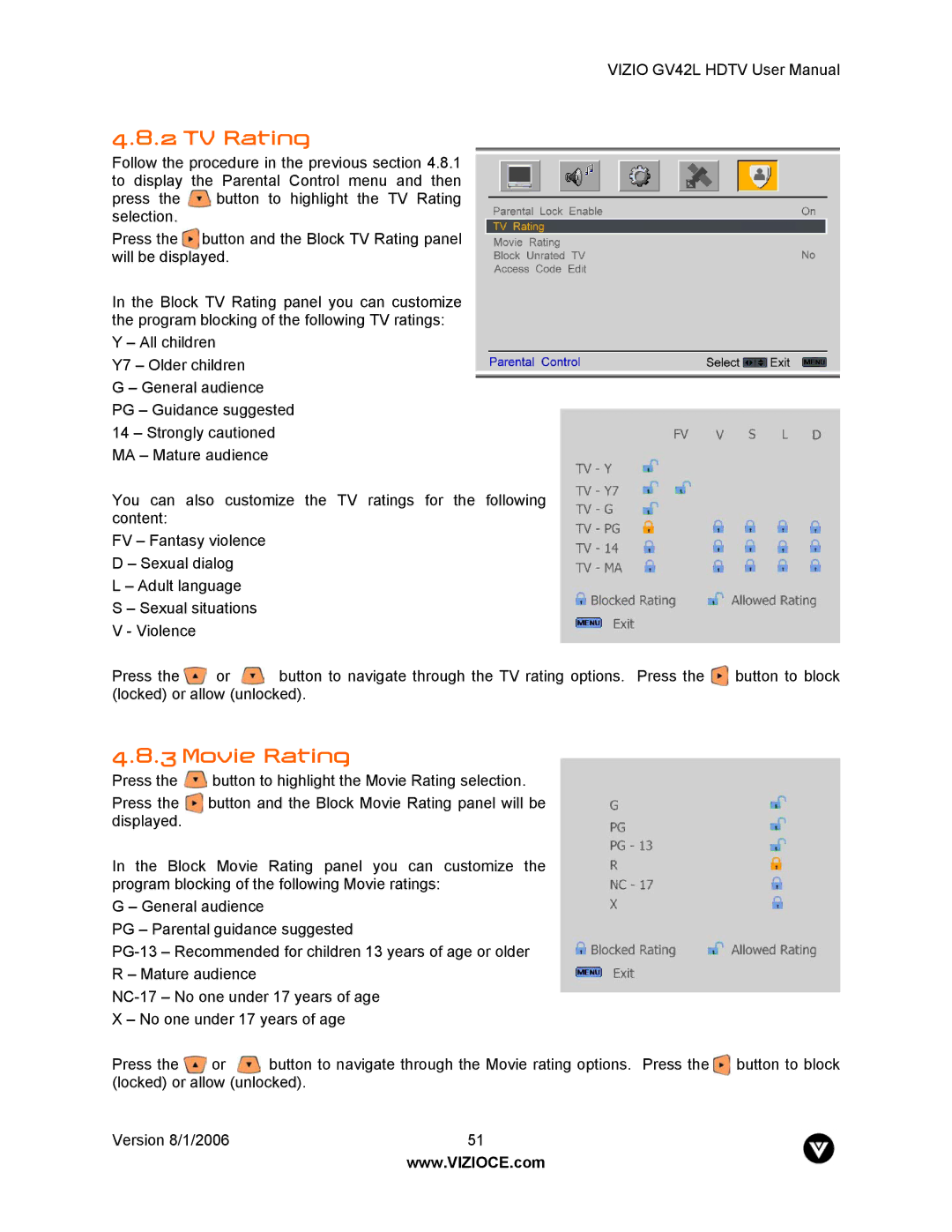 Vizio GV42L user manual TV Rating, Movie Rating 