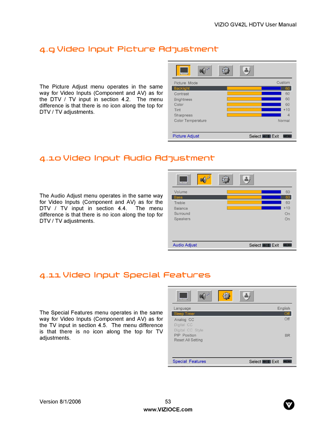 Vizio GV42L user manual Video Input Picture Adjustment, Video Input Audio Adjustment, Video Input Special Features 