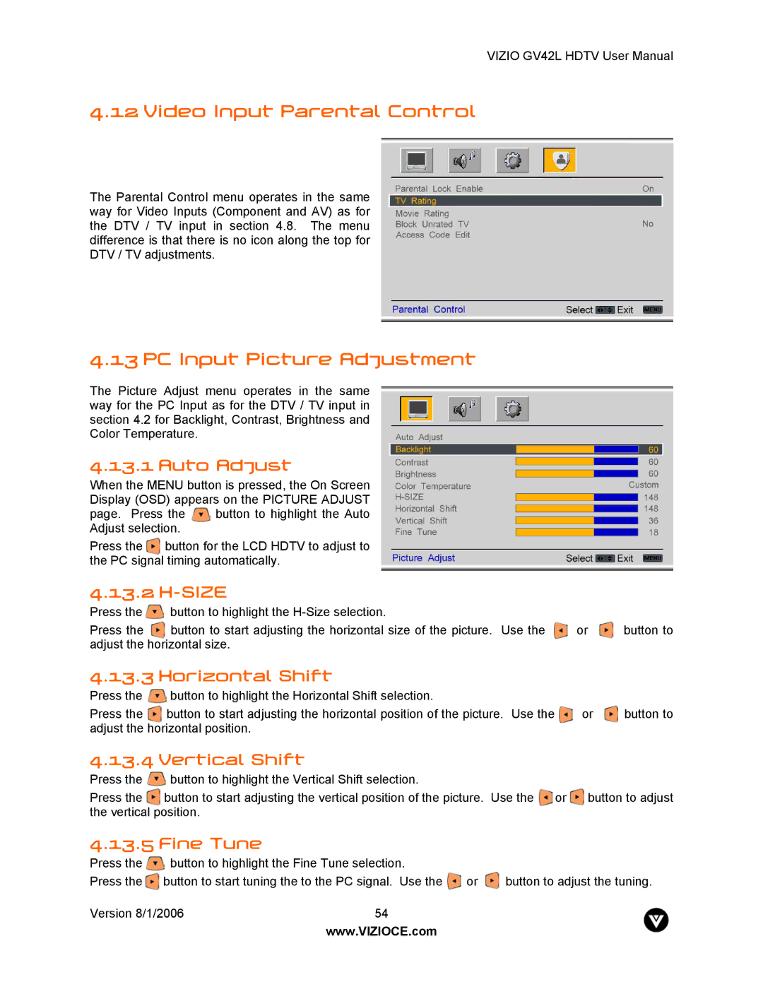 Vizio GV42L user manual Video Input Parental Control, PC Input Picture Adjustment 