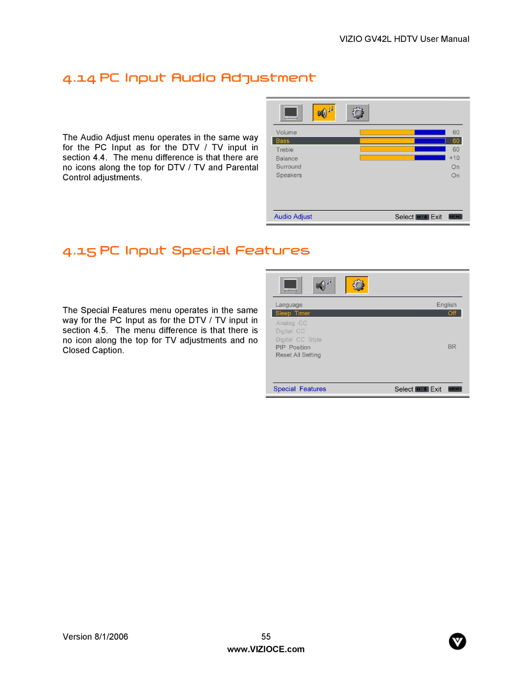 Vizio GV42L user manual PC Input Audio Adjustment, PC Input Special Features 