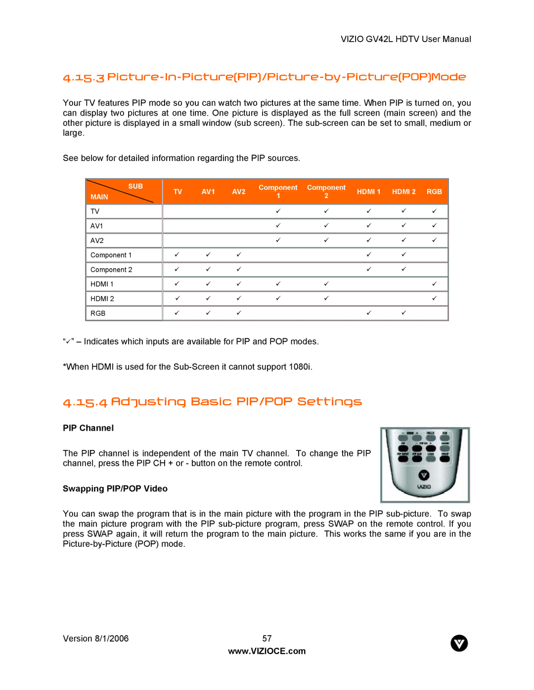 Vizio GV42L user manual Adjusting Basic PIP/POP Settings, Picture-In-PicturePIP/Picture-by-PicturePOPMode, PIP Channel 