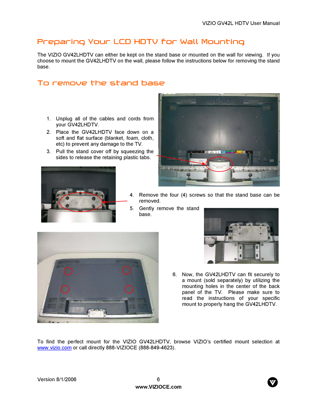 Vizio GV42L user manual Preparing Your LCD Hdtv for Wall Mounting, To remove the stand base 