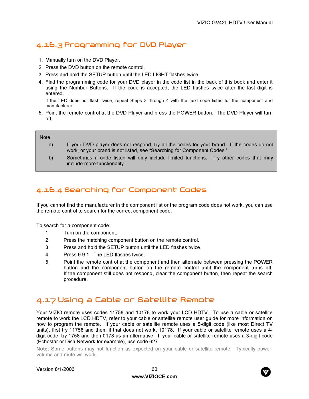 Vizio GV42L user manual Using a Cable or Satellite Remote, Programming for DVD Player, Searching for Component Codes 