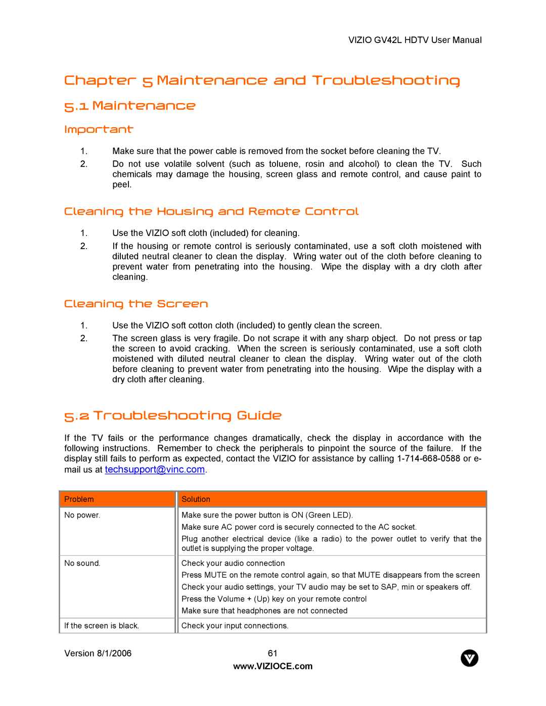 Vizio GV42L user manual Maintenance, Troubleshooting Guide, Cleaning the Housing and Remote Control, Cleaning the Screen 