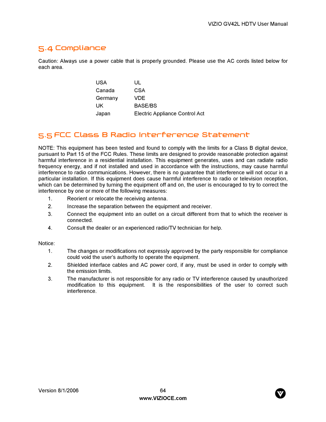 Vizio GV42L user manual Compliance, FCC Class B Radio Interference Statement 