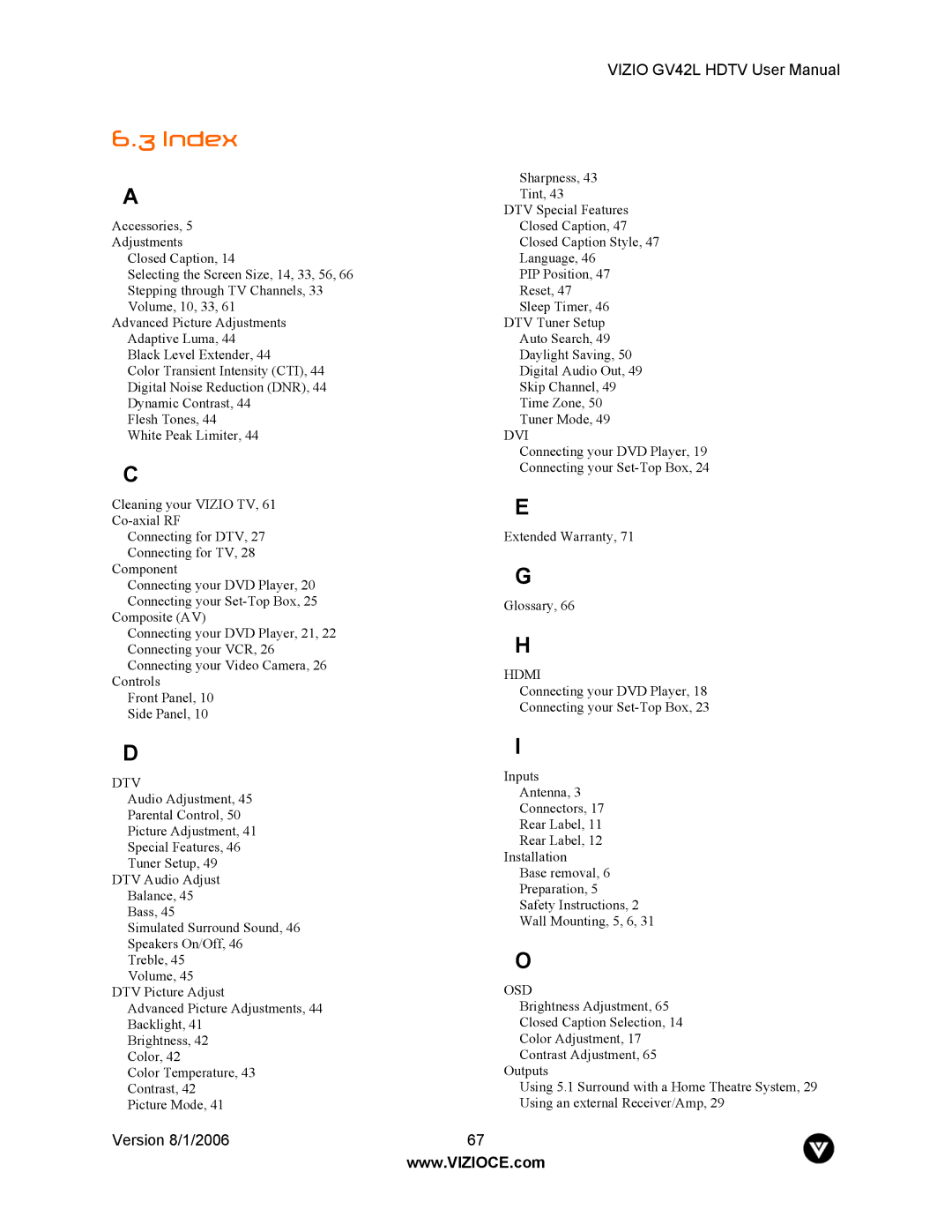 Vizio GV42L user manual Index, Dtv 